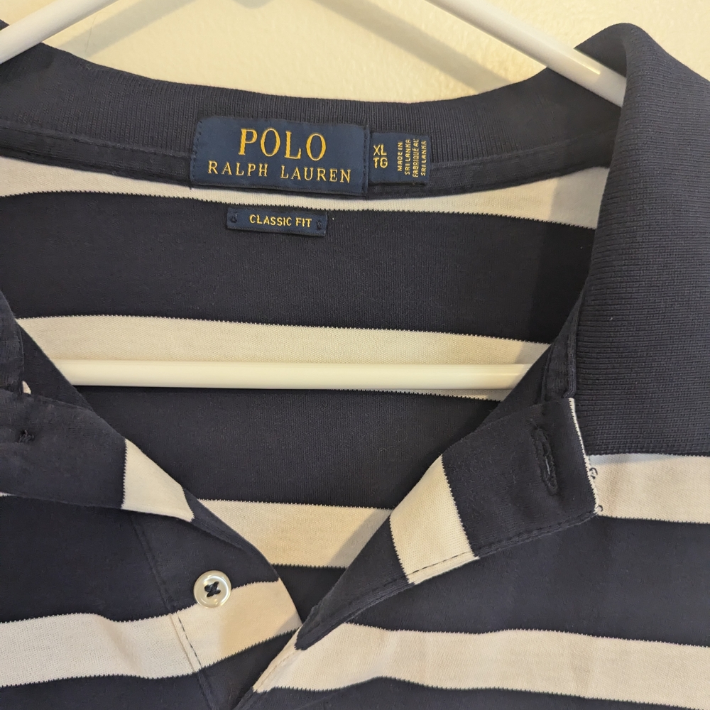 EUC Polo by Ralph Lauren men's Polo Shirt Navy Blue White Stripe Golf Size XL - Picture 2 of 4